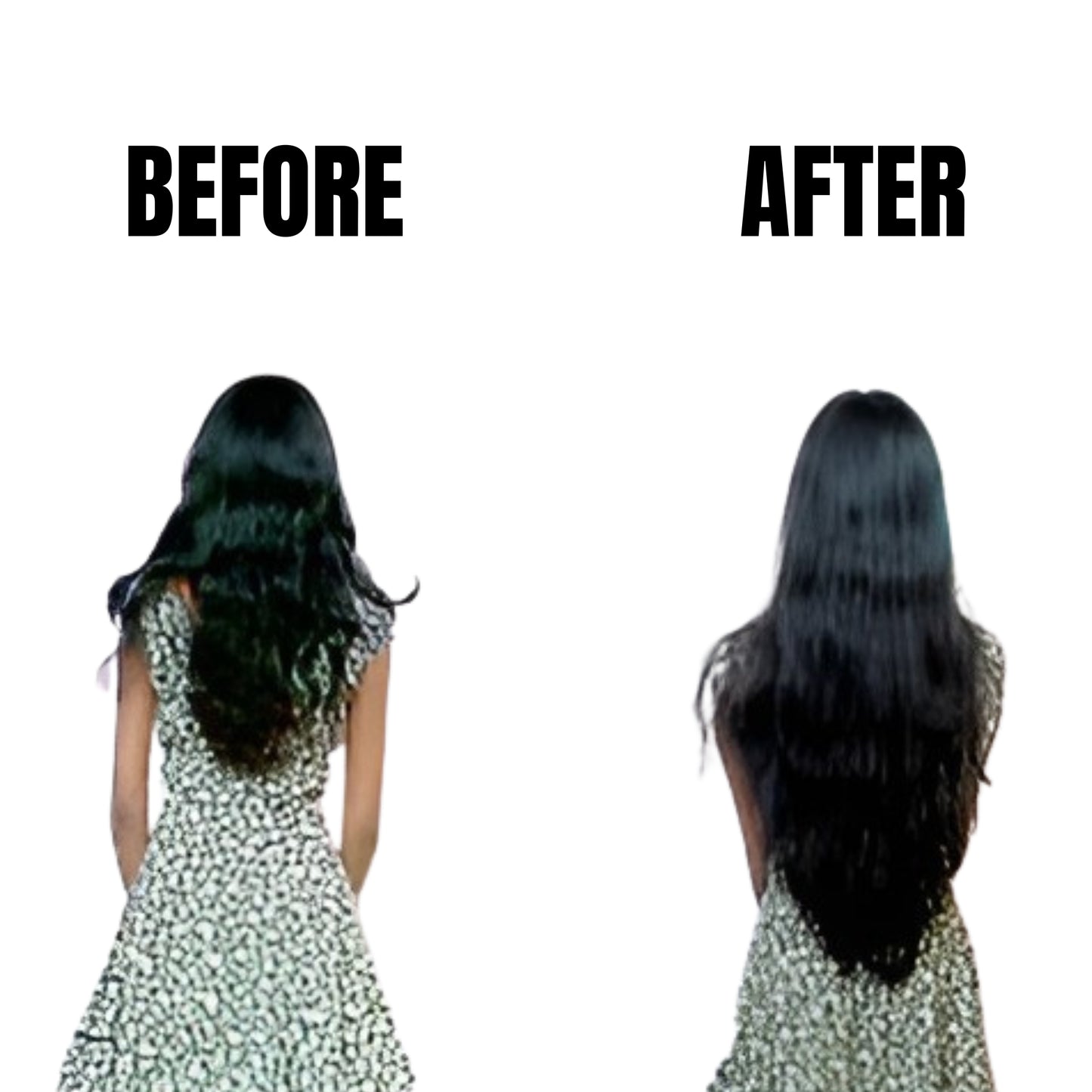 Before and after comparison of a person with long hair, wearing a patterned dress.