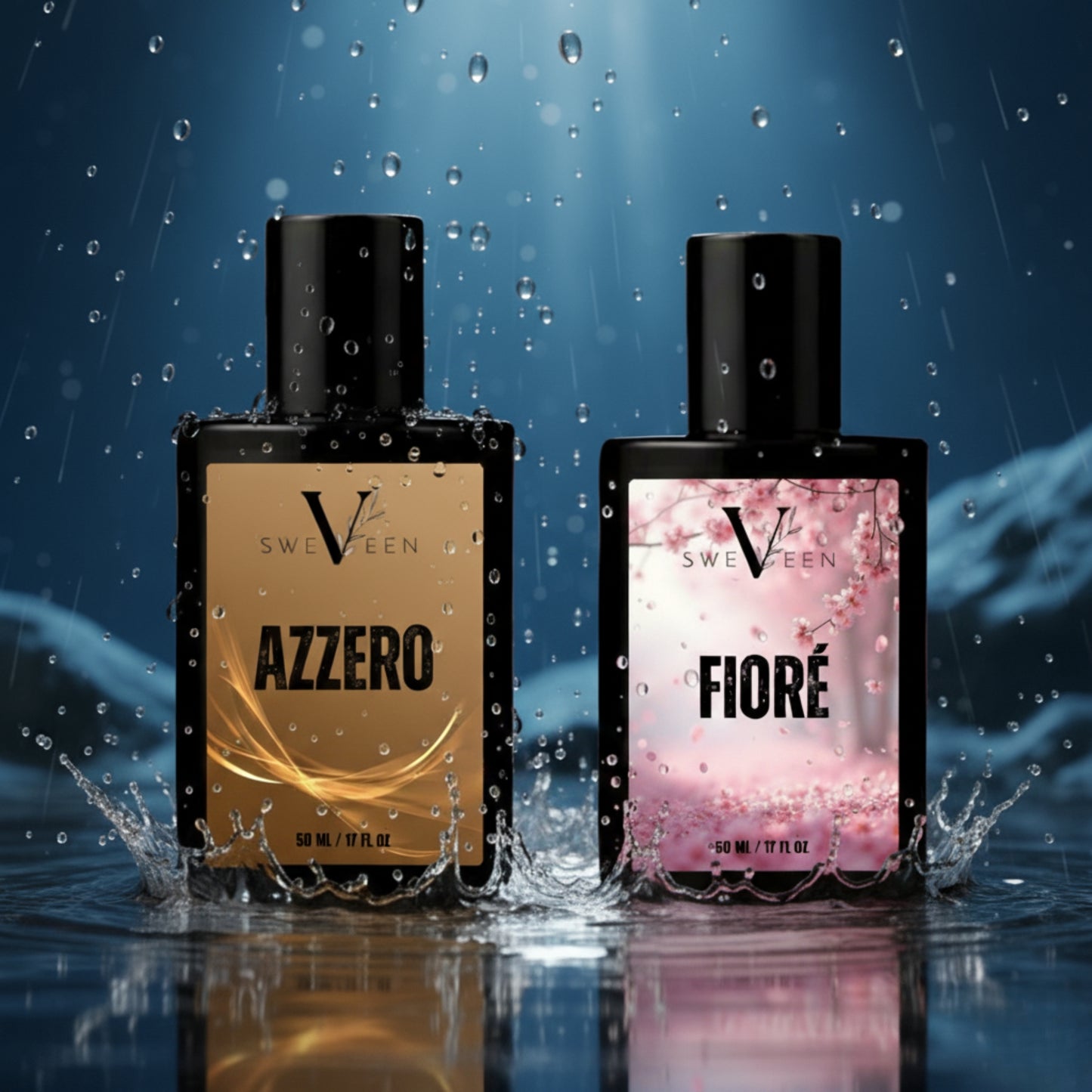 Two perfume bottles, 'Azzero' and 'Fioré', with water droplets and splashes on a blue background.