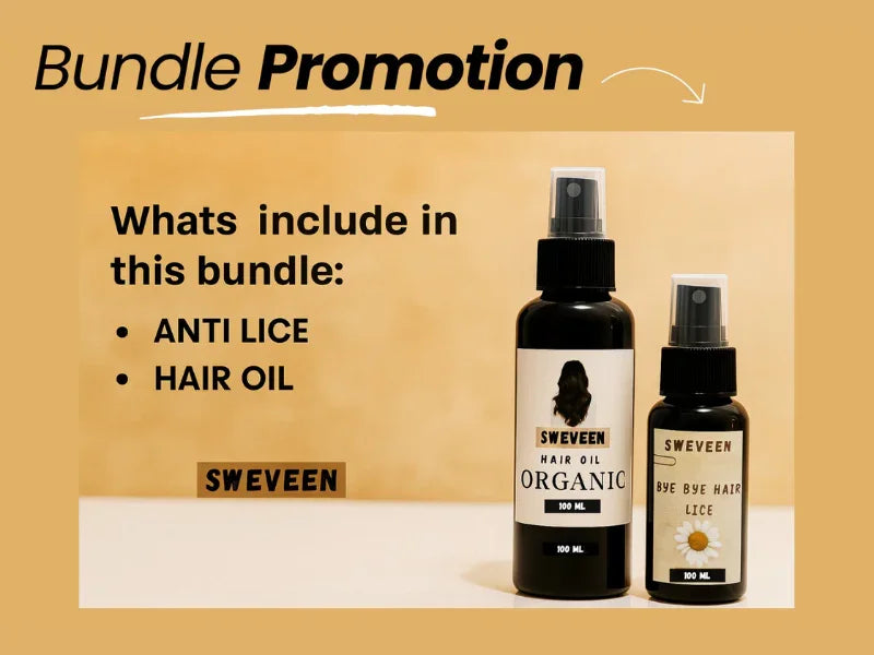 Product promotion featuring two black spray bottles, one labeled "Sweveen Hair Oil Organic" and the other "Sweveen Bye Bye Hair Lice," with a daisy graphic.