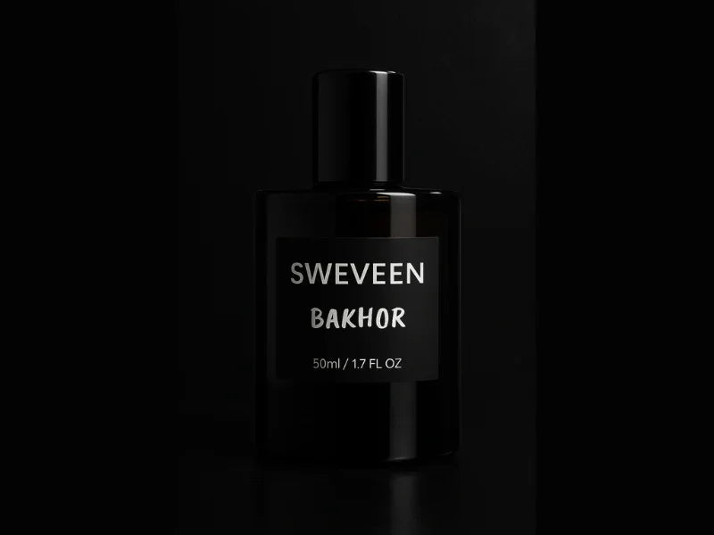 Black perfume bottle with silver text.