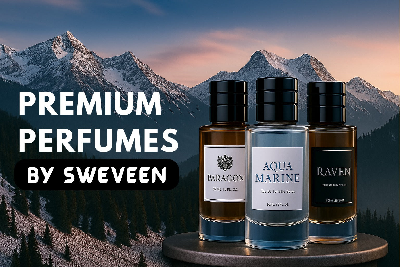 Three perfume bottles labeled Paragon, Aqua Marine, and Raven displayed in front of a majestic mountainous landscape, blending elegance with nature.