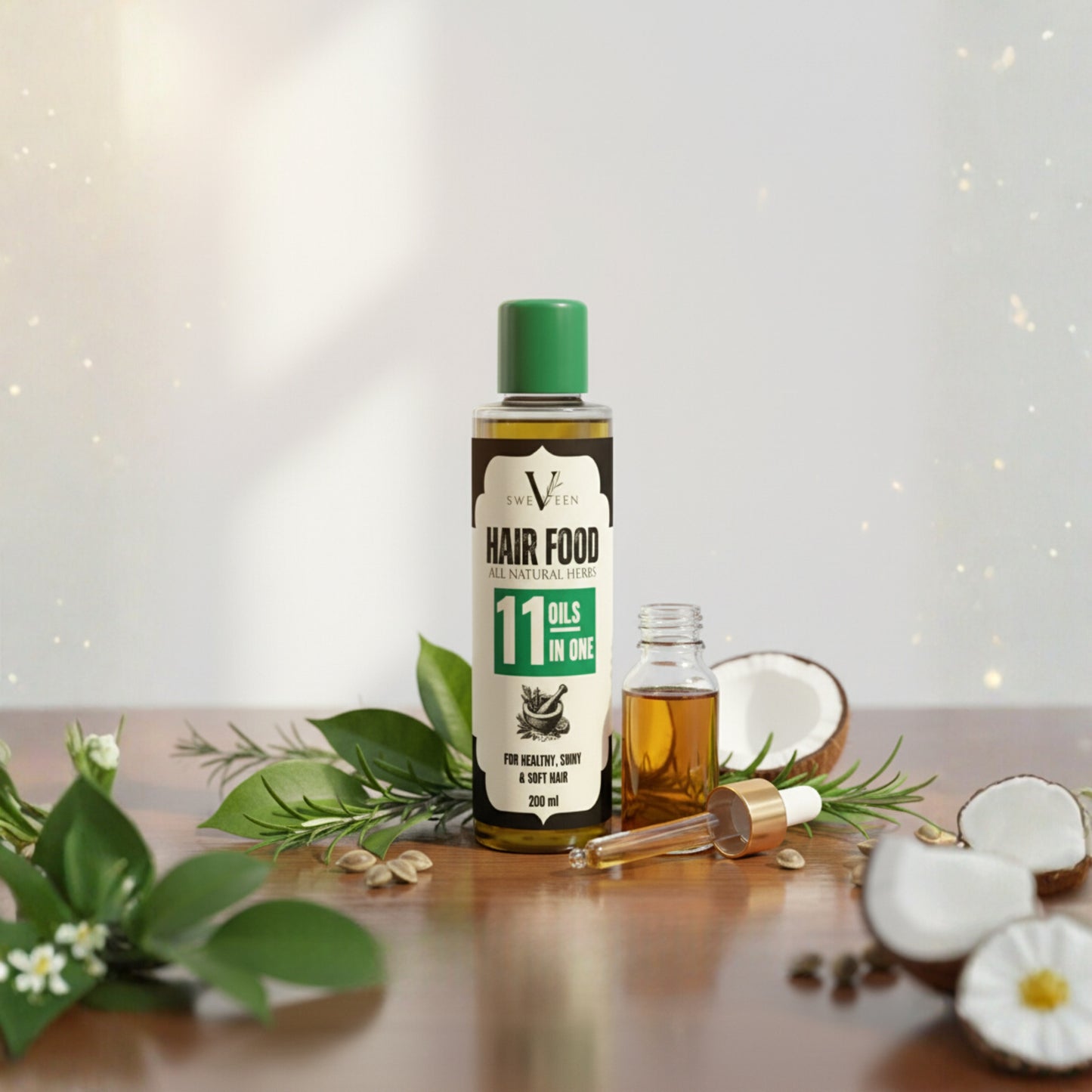 Bottle of 'Hair Food' with coconut and leaves on a wooden surface