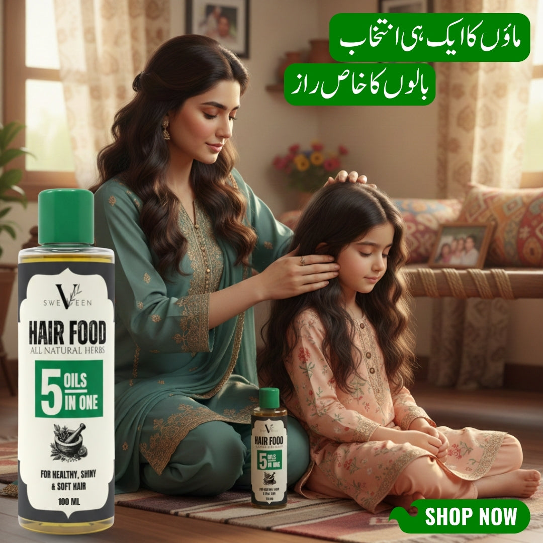 Woman and child with 'Hair Food' product in a home setting