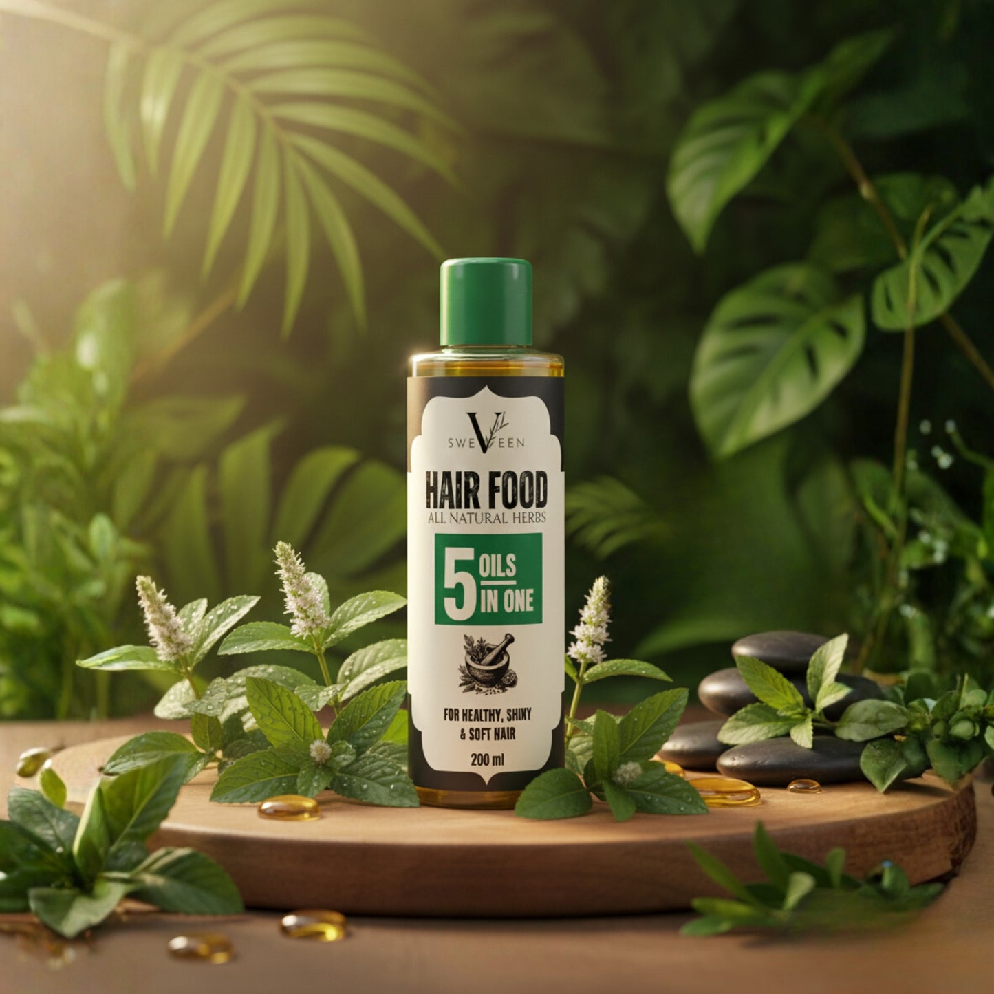 Hair food product with green leaves and stones in the background