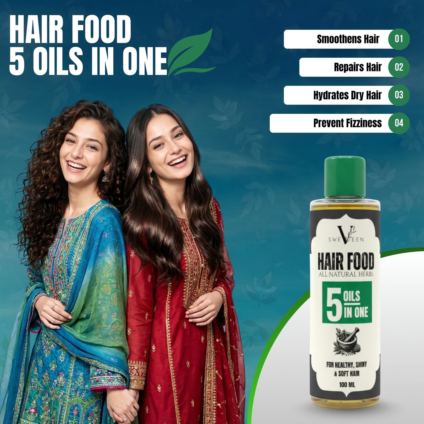 Two women with long hair standing next to a bottle of 'Hair Food' 5 Oils in One product on a blue background.