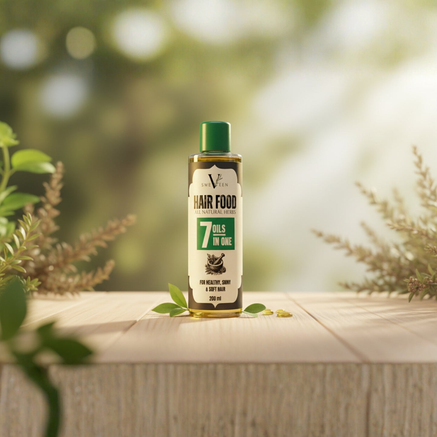 Bottle of 'Hair Food' on a wooden surface with a natural background