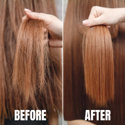 Before and after comparison of hair strands with a hand holding each.