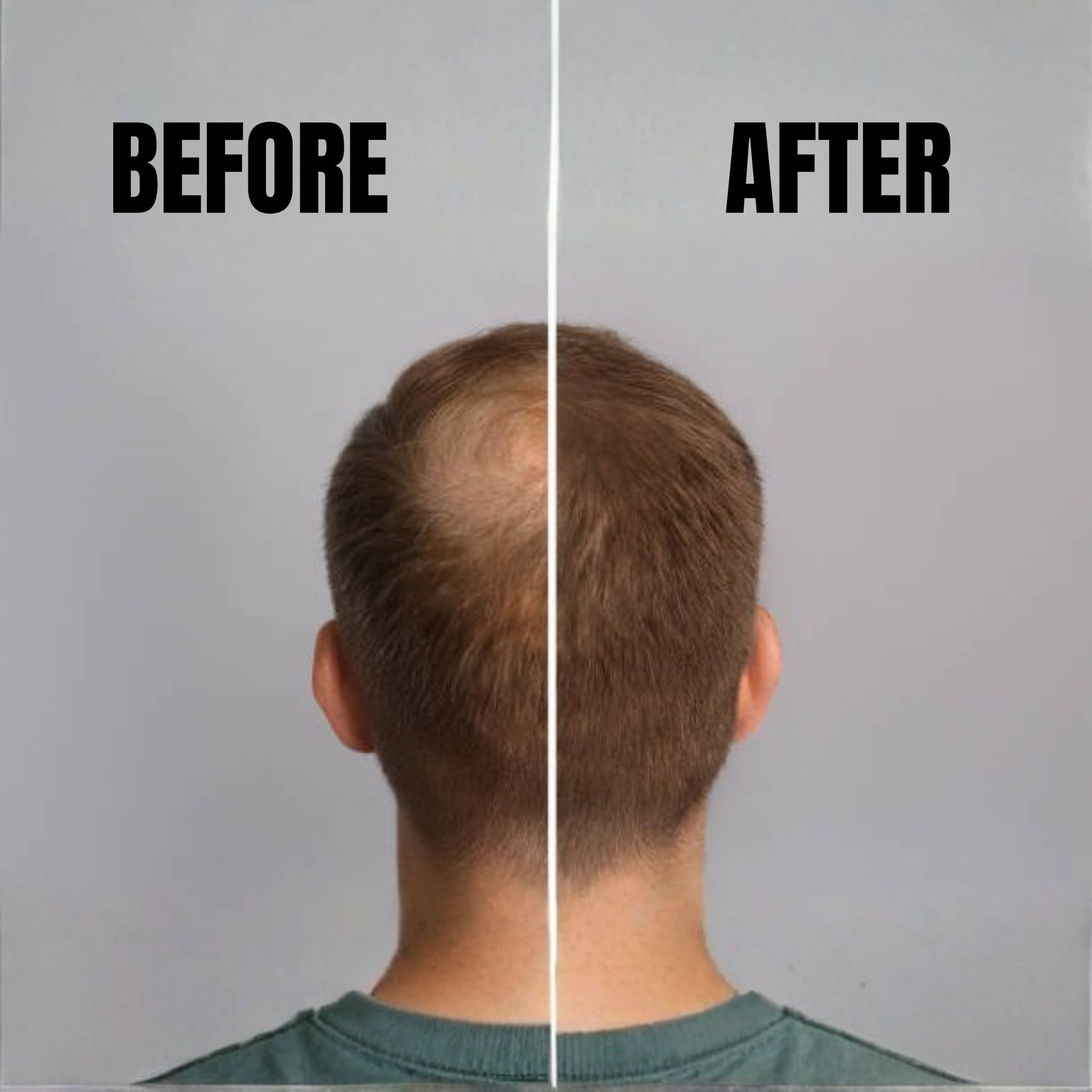 Before and after comparison of a person's hair on a plain background