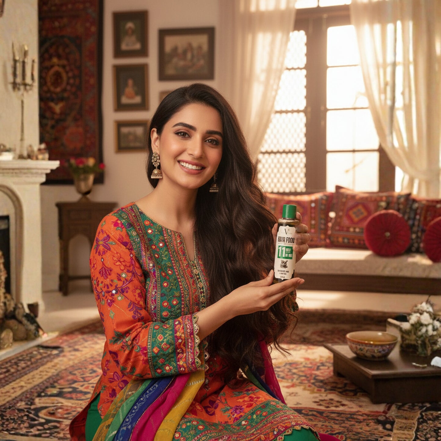 Woman in traditional attire holding a bottle in a decorated room