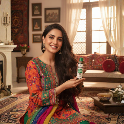 Woman in traditional attire holding a bottle in a decorated room