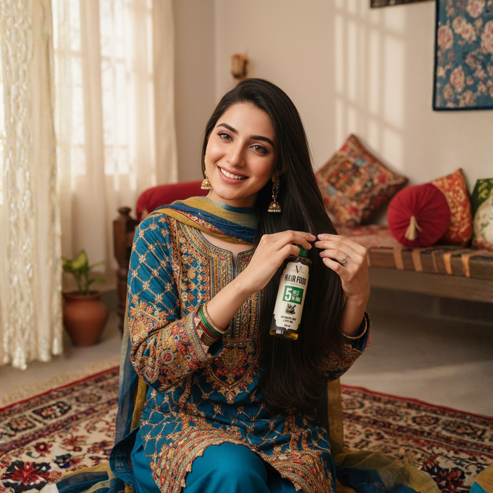Woman in traditional attire holding a bottle in a decorated room