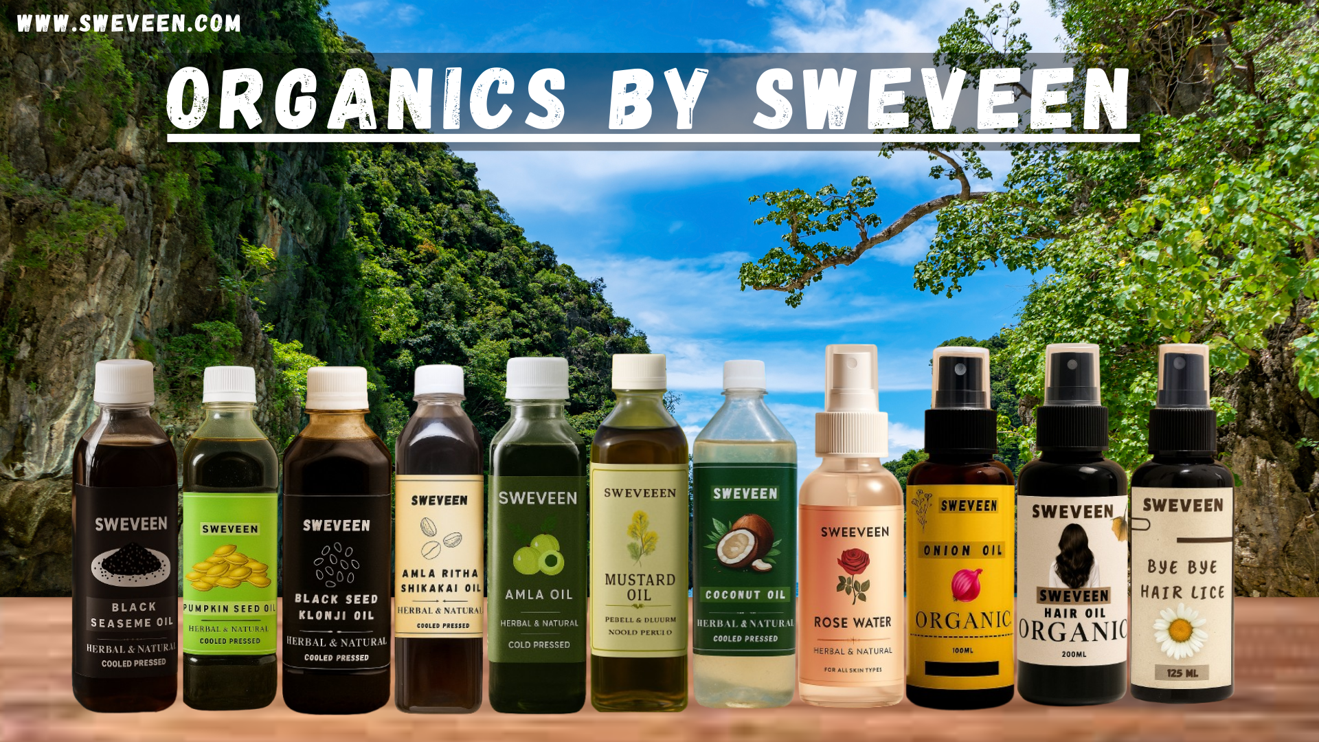 A curated collection of 'Organics by Sweeven' products displayed against a serene scenic background, highlighting natural and eco-friendly living.