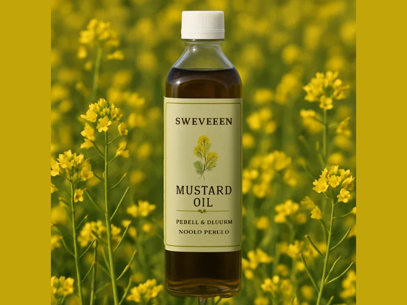 Bottle of mustard oil in a field of mustard plants.