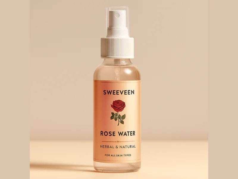 Glass bottle of rosewater with a white spray nozzle.