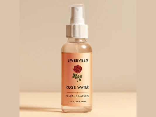 Glass bottle of rosewater with a white spray nozzle.