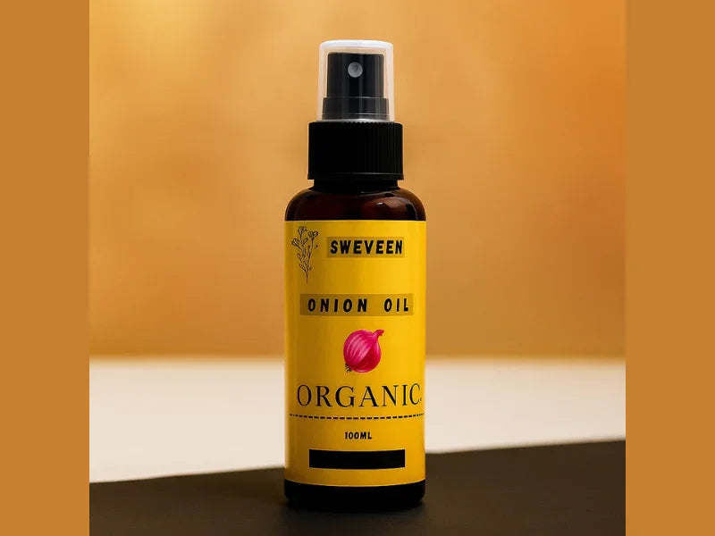 Amber-colored bottle of "Sweveen" onion oil with a yellow label.