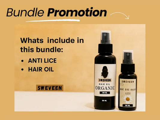 Product promotion featuring two black spray bottles, one labeled "Sweveen Hair Oil Organic" and the other "Sweveen Bye Bye Hair Lice," with a daisy graphic.