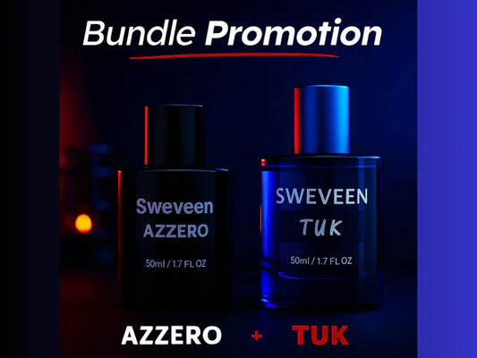 Bundle promotion of two glass fragrance bottles with black lids.