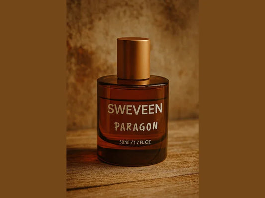 Amber-colored glass bottle of "Sweveen Paragon" perfume.